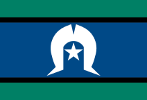 Torres Strait Islander flag - The flag consists of horizontal bands: two green and one blue, separated by black lines; a Dhari which is a distinctive traditional dance and ceremonial headdress; and a five-pointed star are central motifs of the flag.