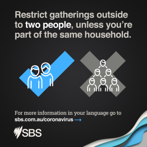 Restrict gatherings outside to two people, unless you're part of the same household.