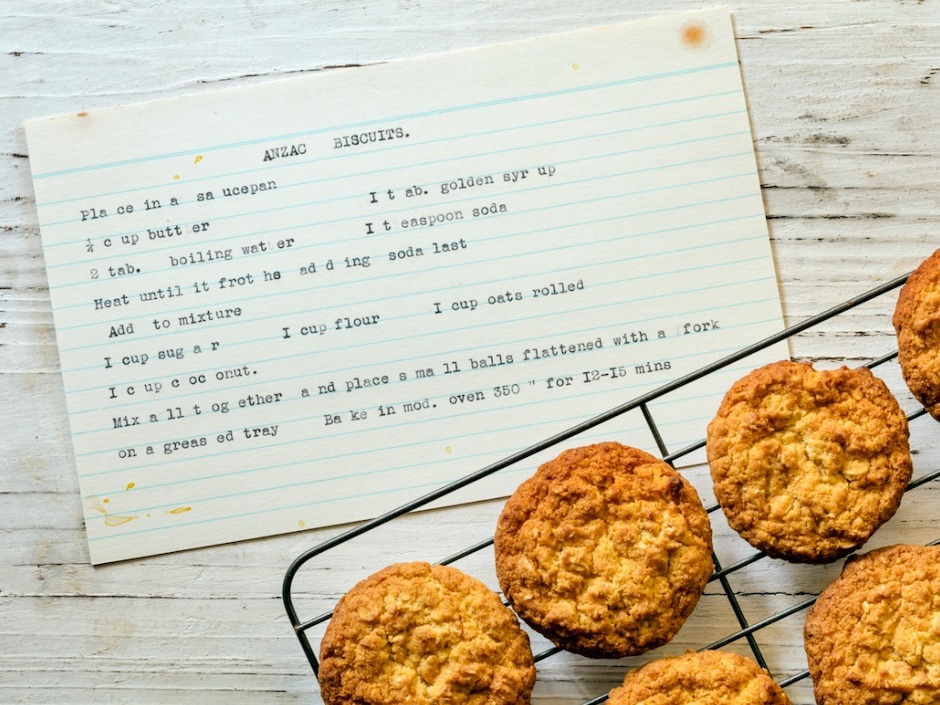 Anzac biscuits with vintage typewritten recipe