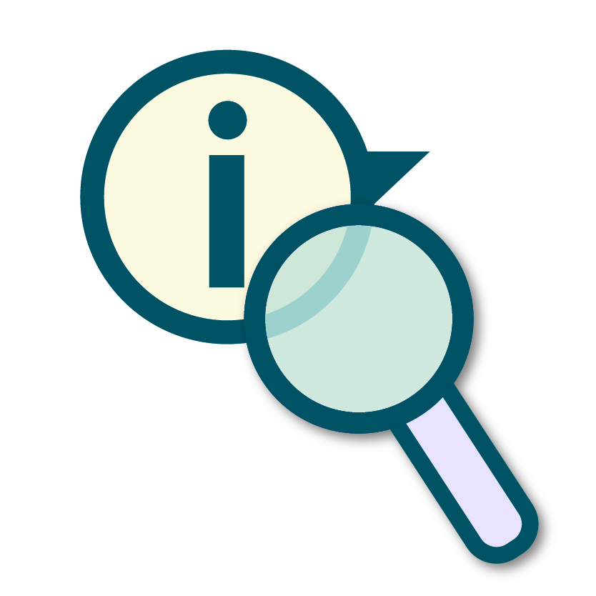 information "i" in a speech bubble and a magnifying glass