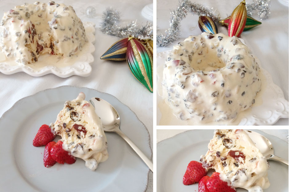 A photo collage of an ice-cream Christmas Pudding, on a plate with strawberries on the side. Christmas decorations are in the background.