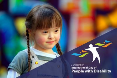 Image of young girl with Downs Syndrome. in the bottom left corrner is the logo of International Day of People with Disability.