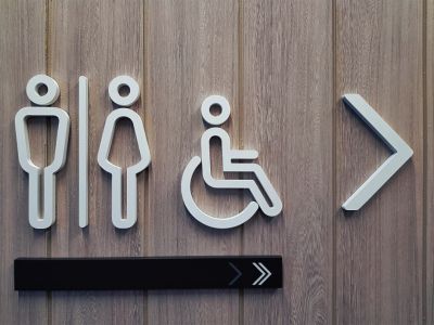 An image of a restroom sign with male, female and person with disability icons