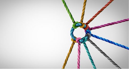 An image of ropes, each a different colour. ties to a central rope that links them all. Concept photo of diversity and connections.