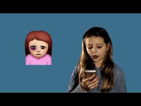 Young girl with mobile phone in her hand and a sad emoji next to her